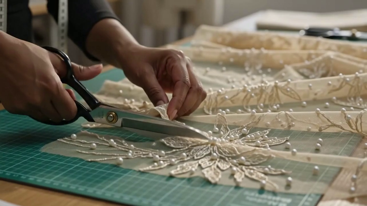 Hand-cutting beaded lace appliqué in the atelier
