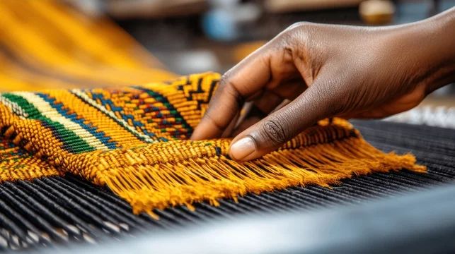 Hands weaving traditional Asante kente fabric